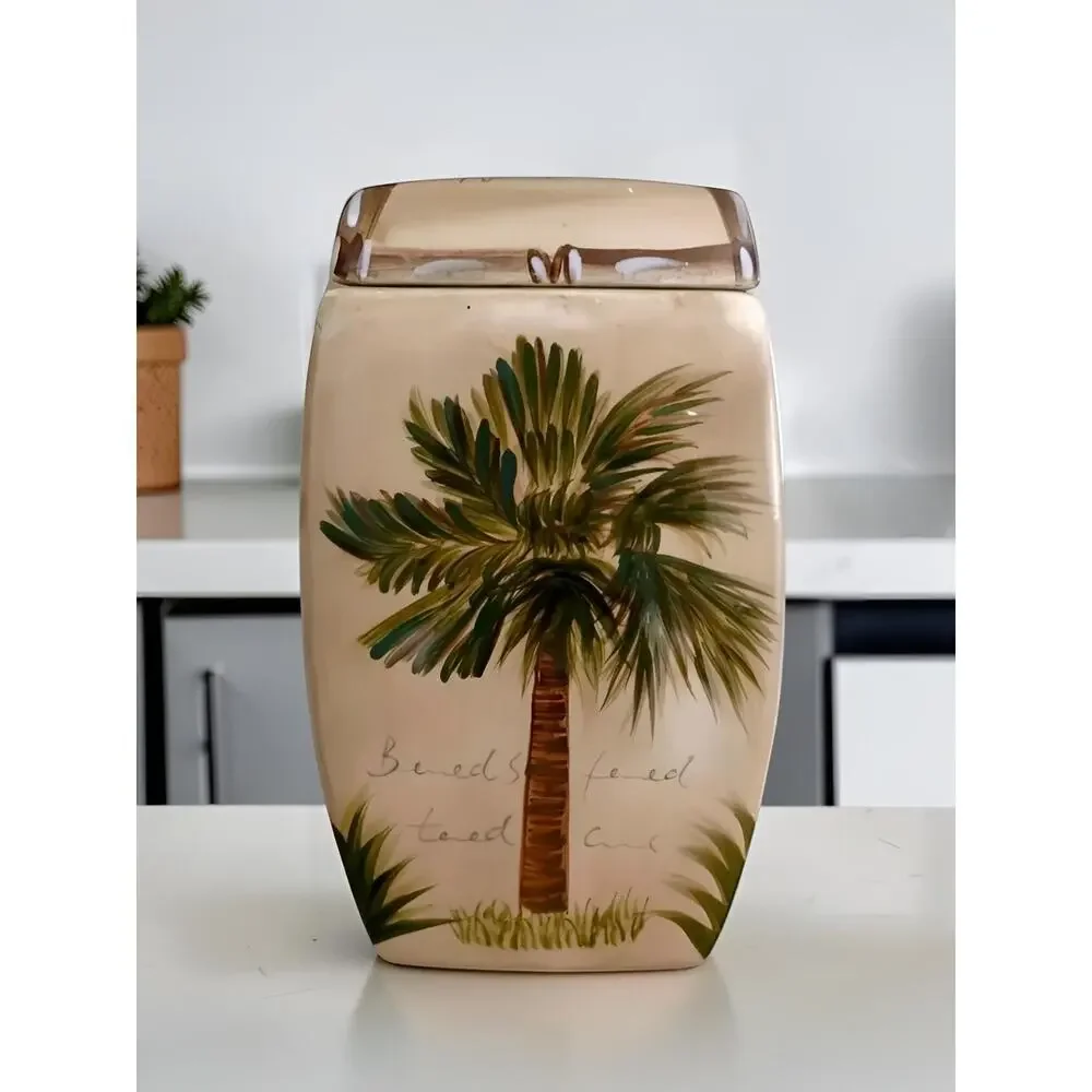 Tabletops Unlimited Bora Bora Palm Tree Ceramic Canisters Set of 2 RETIRED